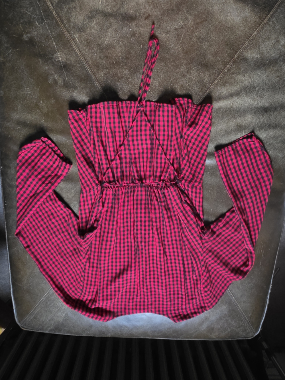 Old Navy Red Black Gingham Plaid Faux Wrap Blouse Top NWOT L - Picture 4 of 5